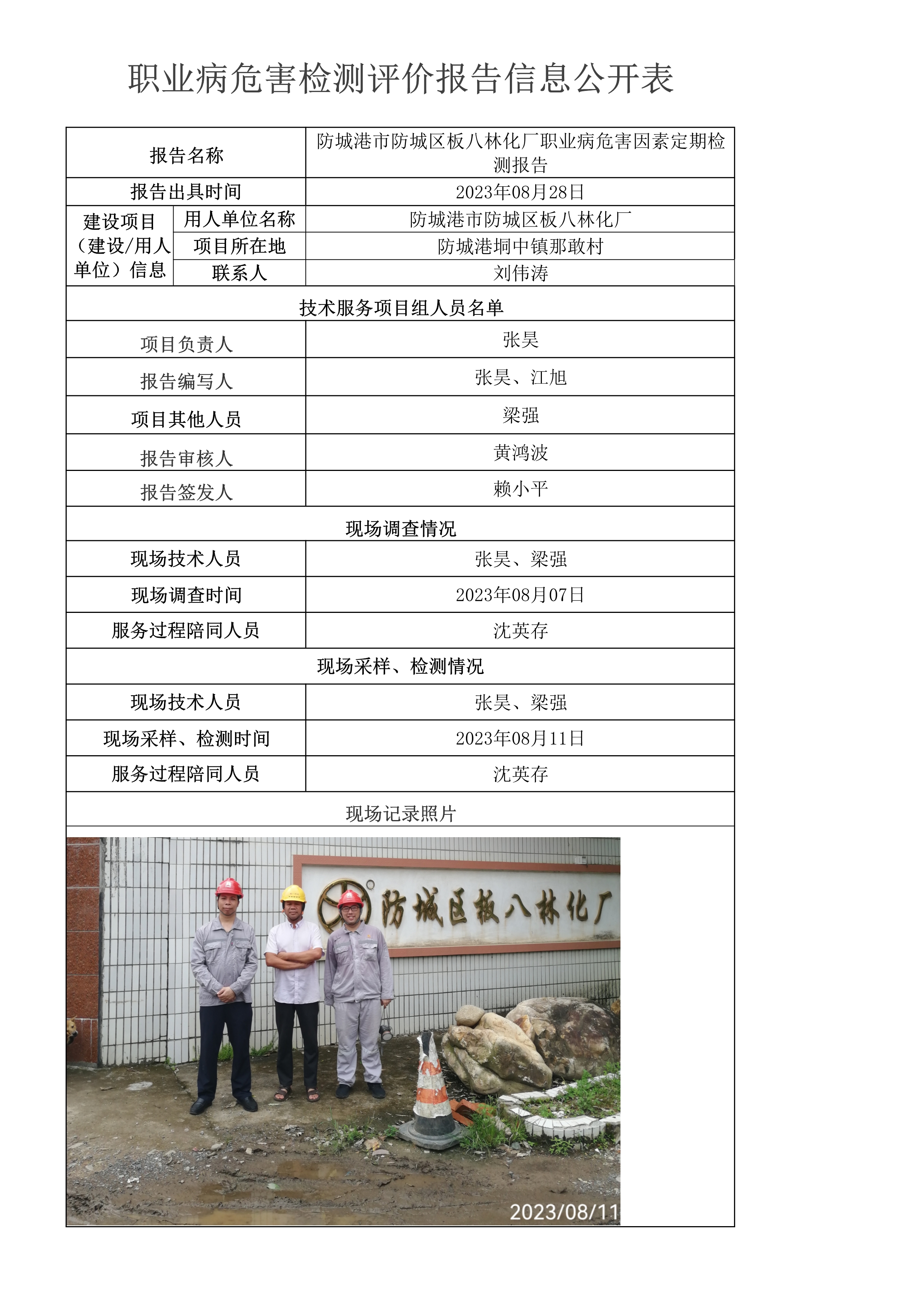 防城港市防城区板八林化厂职业病危害因素定期检测报告(ZW230801)